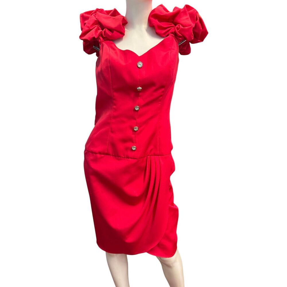 Darcy Vintage 80’s Red Dress Women’s Size Medium Prom Special Occasion Puffed Ru - Picture 2 of 11